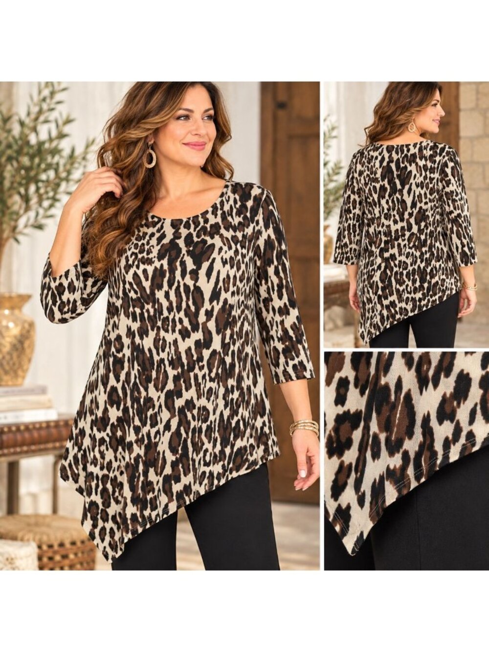 Chicos Travelers Size 2 US L Leopard Animal Print Asymmetrical Tunic Top Chic